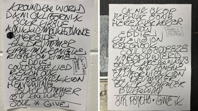 Brisbane's setlist for the 29th Jan (left) and Sydney's first show setlist for 2nd Feb (right). Picture: Instagram