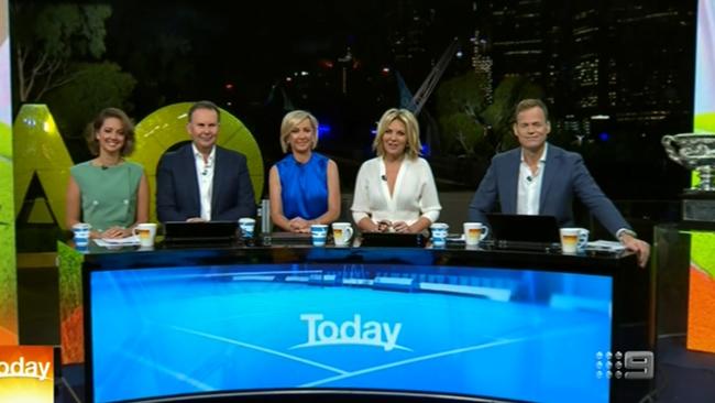 The new Channel 9 Today Show hosts on their first day: Brooke Boney, Tony Jones, Deb Knight, Georgie Gardner and Tom Steinfort.