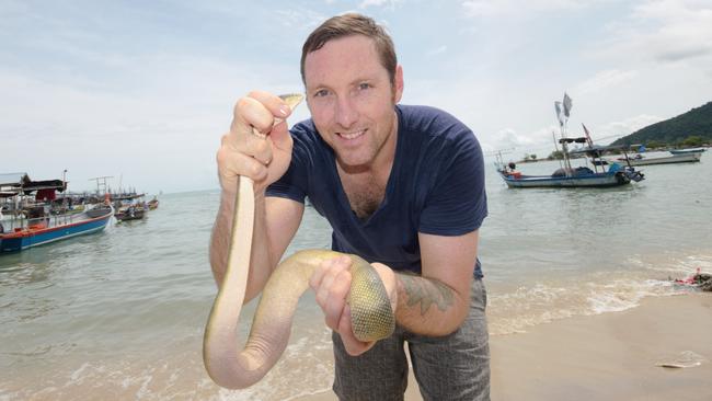 Darwin Snake Catchers director Luke Allen holds a highly venomous beaked sea snake. Picture: Supplied