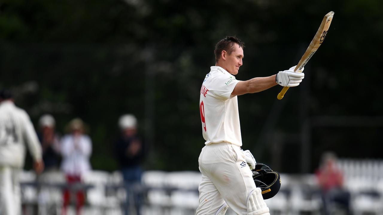 NEWPORT, WALES - MAY 16: Marnus Labuschagne of Glamorgan celebrates after scoring a century during Day Three of the Specsavers County Championship Division Two match between Glamorgan and Gloucestershire at Spytty Park on May 16, 2019 in Newport, Wales. (Photo by Harry Trump/Getty Images)