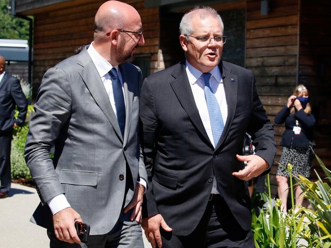 European Council President Charles Michel and Australia's Prime Minister Scott Morrison. The PM addressed the problematic global role of China. Picture: WPA Pool/Getty Images