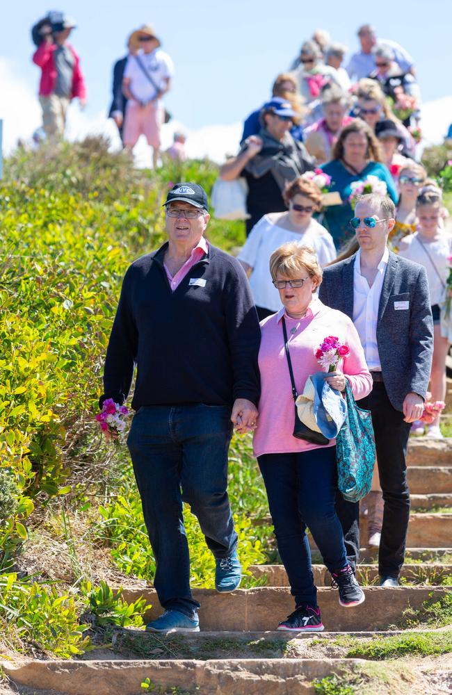 Greg Simms with wife Merilyn. Walk for Lyn Dawson at Long Reef Surf Club in Sydney NSW. Lyn went missing in 1982, and her body has never been found. Sunday 30th September 2018. (AAP Image/Jordan Shields)