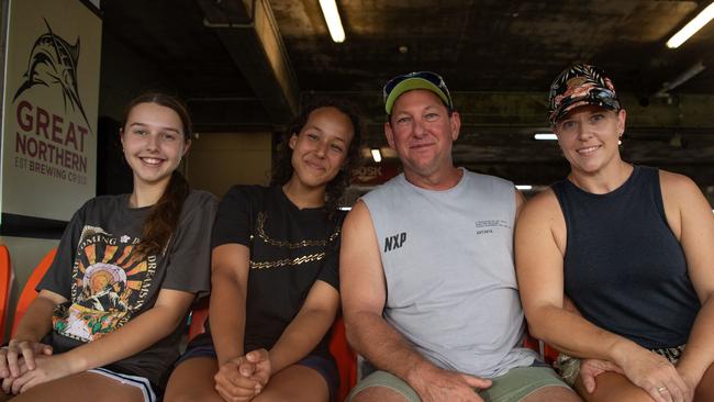 Zali Bryse, Melody Mohudin, Adam Stecki and Janna Bryce at the NTFL Buffaloes' vs the Essendon Bombers, TIO Darwin. Picture: Pema Tamang Pakhrin