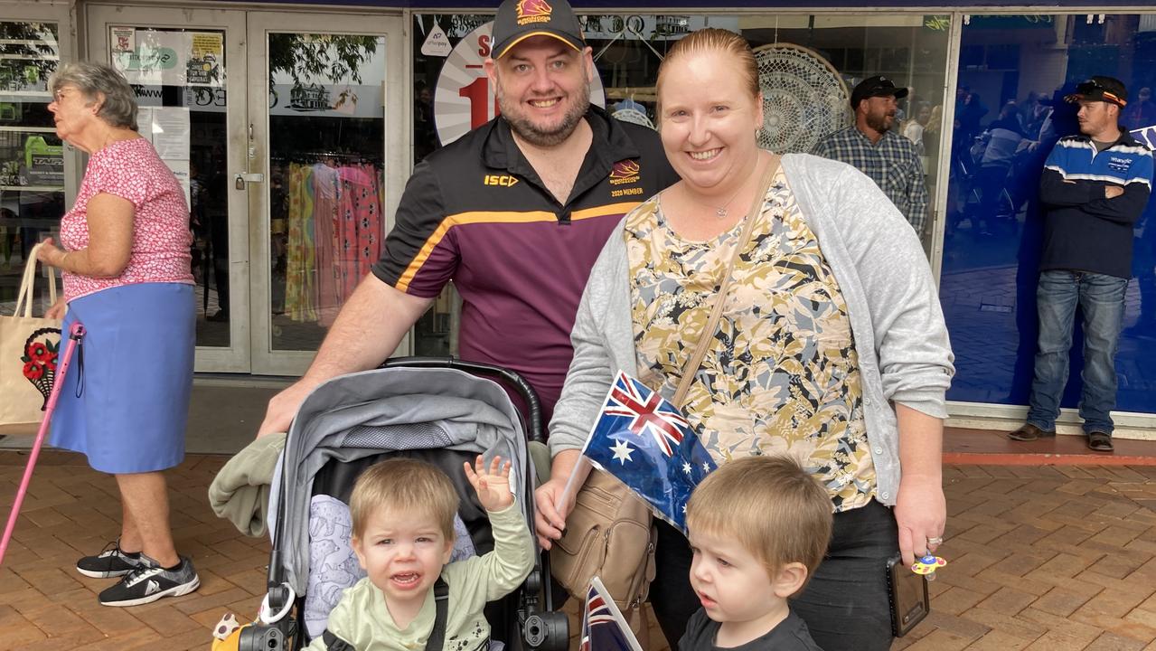 (Clockwise from back left) Nathan, Simone, Blake and Johnathan at the Gympie Anzac Day 2023 march and ceremonies.