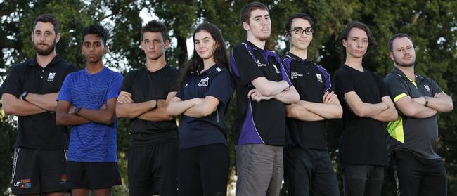 Embracing the obstacle challenge are (from left) Jacques Borreye, Aryan Sharma, Cody Hassum, and Eryn Turner from PCYC Zillmere, Daniel Jaques and Jordan Del-Bo from PCYC Sandgate, Johnny Power (Zillmere) and Christian Berkelmans (Sandgate). Picture: AAP/Regi Varghese