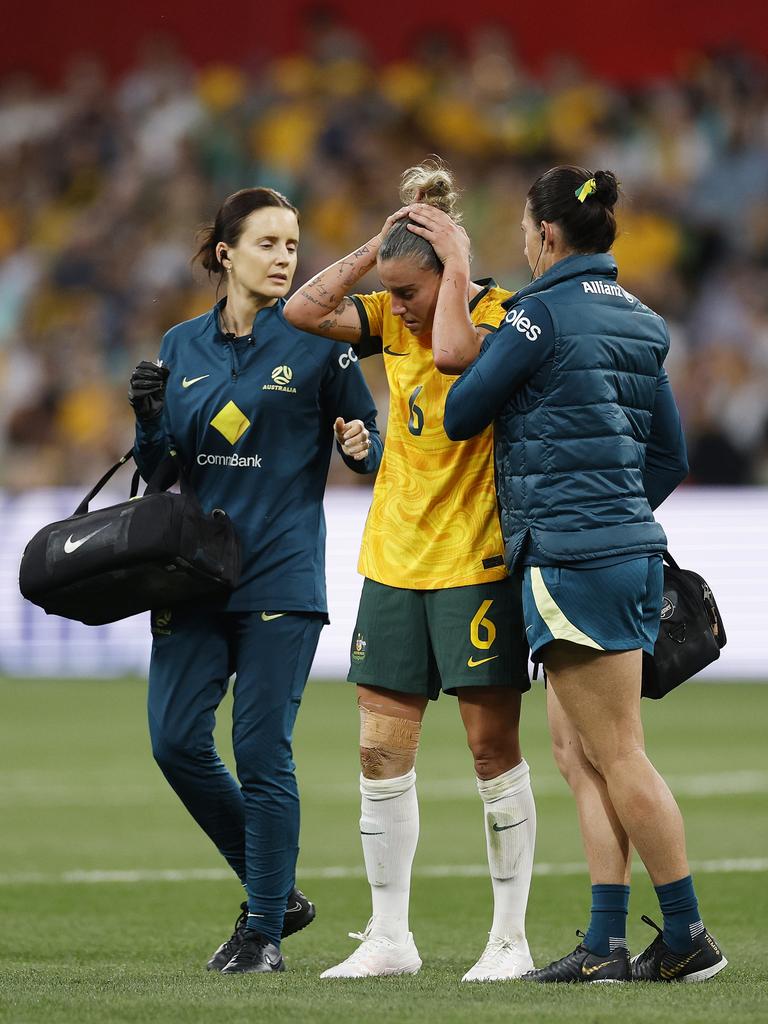 MELBOURNE, AUSTRALIA - DECEMBER 04: Chloe Logarzo of Australia reacts after a head clash with Chan Pi-Han of Chinese Taipei during the International Friendly match between Australia Matildas and Chinese Taipei at AAMI Park on December 04, 2024 in Melbourne, Australia. (Photo by Daniel Pockett/Getty Images)