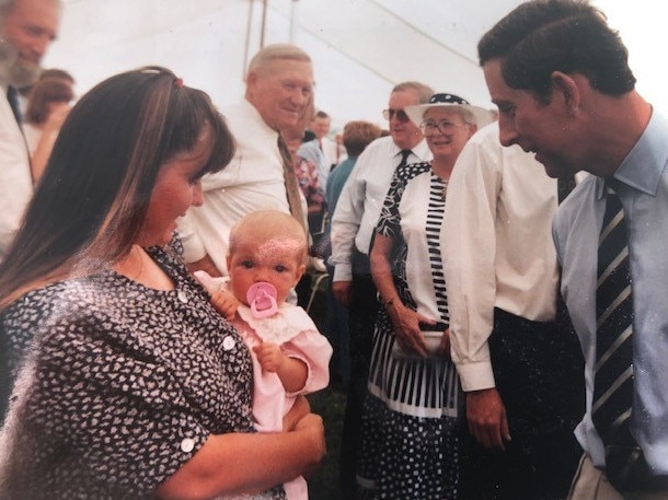 Reader Jennifer Agius meeting the future King Charles at a lunch on a farm where she worked, 1994. Picture: Supplied