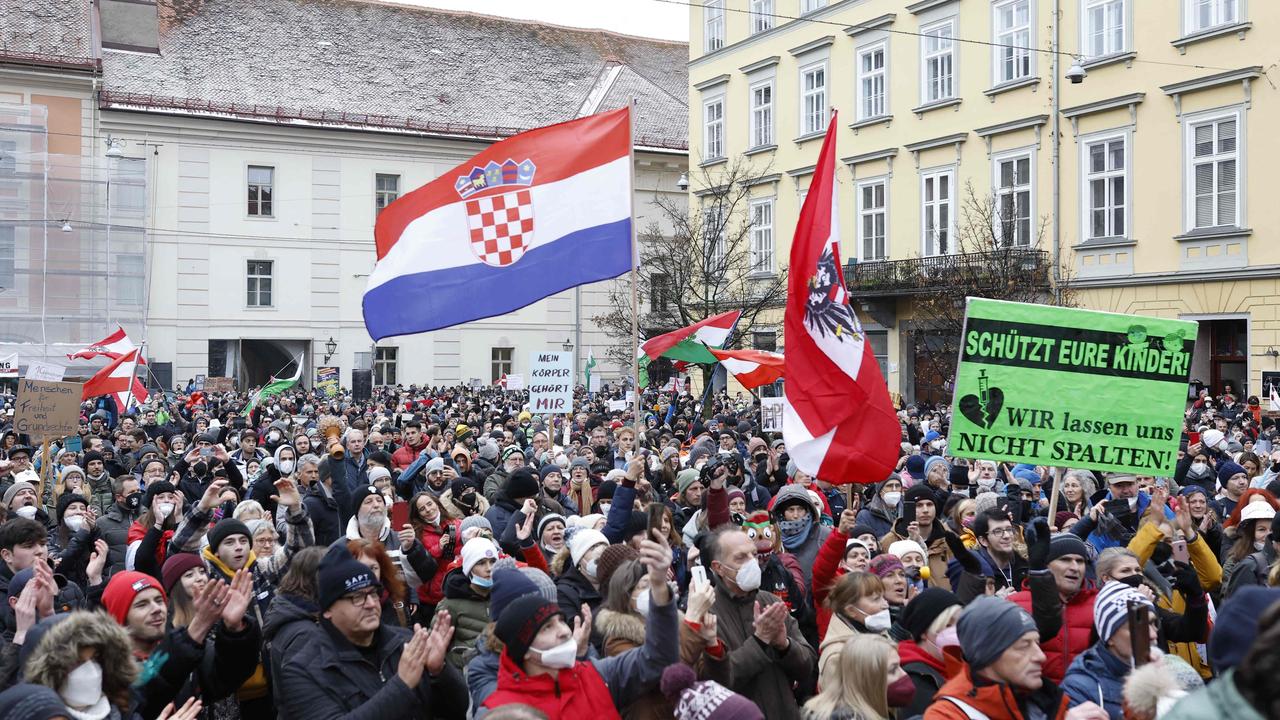 Demonstrators protest against the government’s coronavirus measures in Austria. Picture: Erwin Scheriau/APA/AFP