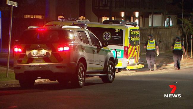 Paramedics attend a scene on Sunday where a nine-year-old boy and his mother were stabbed during an alleged violent car robbery outside their Unley home. Picture: 7NEWS