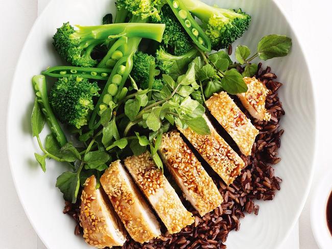 Sesame chicken with black rice, sugar snaps and broccolini.