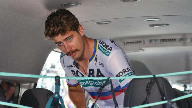 Bora-Hansgrohe's Slovak rider Peter Sagan looks on from the team van prior to the start of stage five of the Tour Down Under cycling race in Adelaide on January 19, 2019. (Photo by Brenton EDWARDS / AFP) / -- IMAGE RESTRICTED TO EDITORIAL USE - STRICTLY NO COMMERCIAL USE --