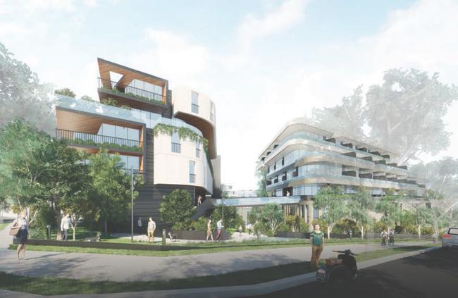 An artist’s impression of the apartment building and skywalk at Larool Crescent in Castle Hill.