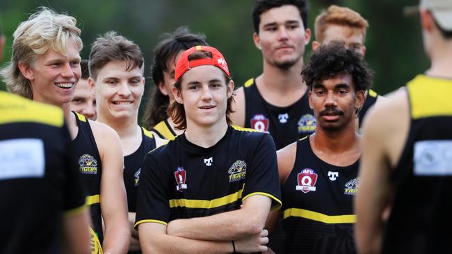 11th February 2021 – The Labrador Tigers QAFL (Australian rules) team training session. Pictured is Cade Gregory (front, orange hat) and Jayden Willie (right). Photo: Scott Powick Newscorp