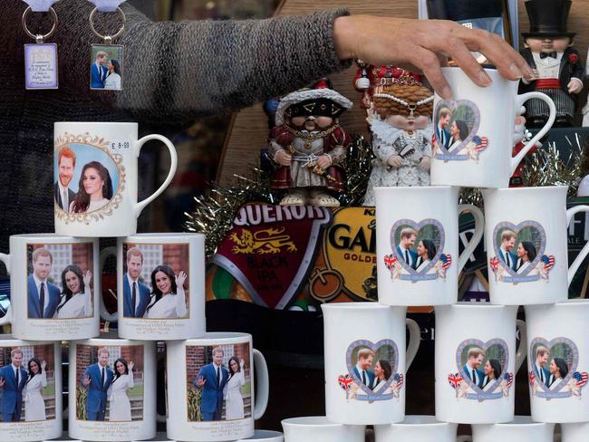 Merchandise and souvenirs are already being sold following Prince Harry and Meghan Markle’s engagement. Picture: AFP