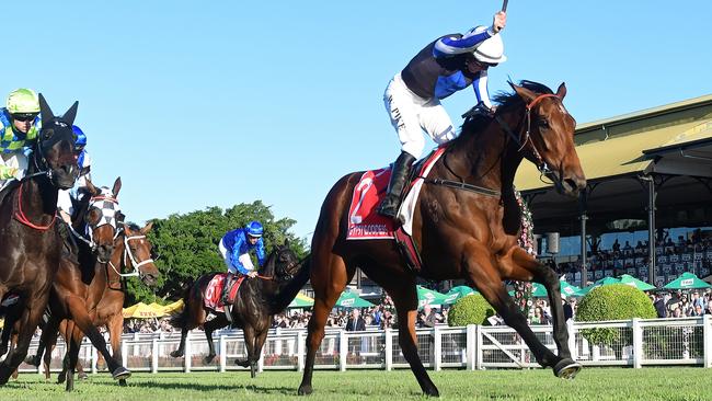 Gypsy Goddess storms to victory in the 2022 Queensland Oaks under jockey William Pike. Picture: Grant Peters / Trackside Photography