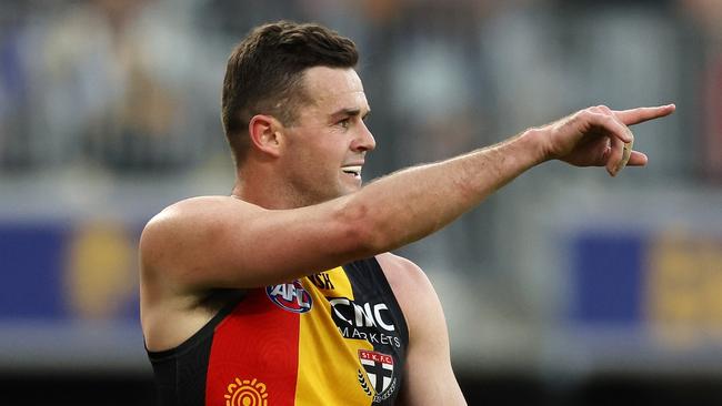 PERTH, AUSTRALIA - JULY 02: Brad Crouch of the Saints in action during the 2023 AFL Round 16 match between the West Coast Eagles and the St Kilda Saints at Optus Stadium on July 2, 2023 in Perth, Australia. (Photo by Will Russell/AFL Photos via Getty Images)