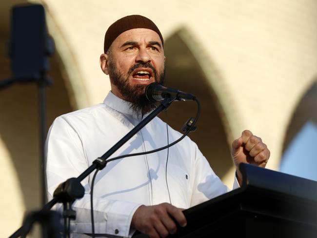 DAILY TELEGRAPH OCTOBER 7, 2024. Sheikh Wesam Charkawi speaking at the United Community Rally for Palestine and Lebanon being held at the Lakemba Mosque. Picture: Jonathan Ng