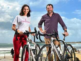 Toowoomba to Mooloolaba charity bike ride Event Director Rachael Witton and Race Founder Dave Fellows at Mooloolaba Beach. Picture: John McCutcheon