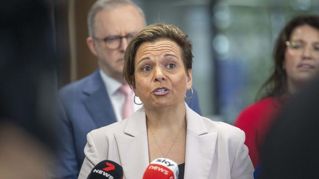 Federal Minister for Communications Michelle Rowland pictured with Prime Minister Anthony Albanese. Picture: NewsWire/Jeremy Piper