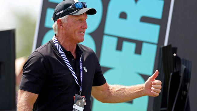 : LIV Golf CEO Greg Norman looks on during day three of the LIV Golf Invitational - Orlando (Photo by Mike Ehrmann / GETTY IMAGES NORTH AMERICA / Getty Images via AFP)