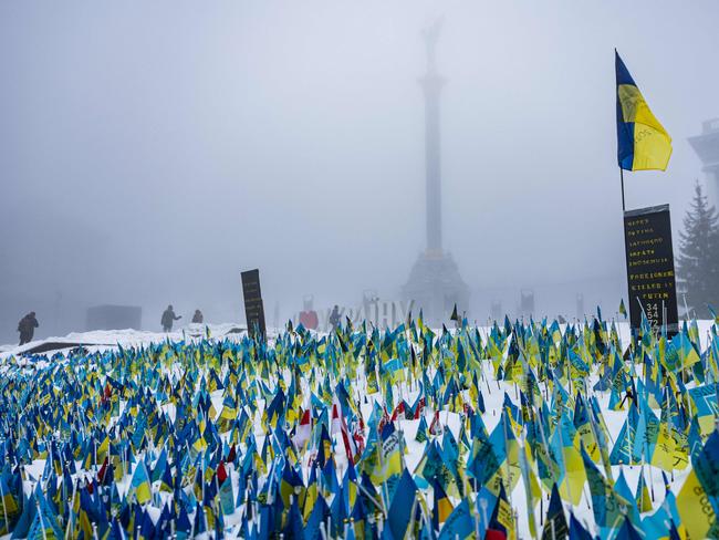 Fflags displayed at the Maidan square in memory of people killed since the Russian invasion of Ukraine, in the city of Kyiv.