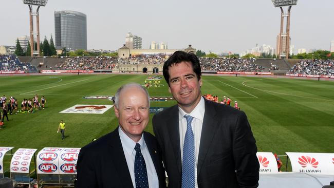 AFL Chairman Richard Goyder (left) and CEO Gillon McLachlan at Jiangwan Stadium in Shanghai for the AFL’s first game in China in 2017. Picture: AAP Image/Tracey Nearmy