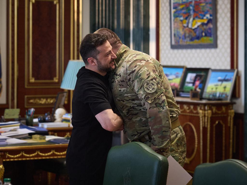 Ukrainian President Volodymyr Zelensky (L) celebrates after the attack with Ukraine’s Security Service Vasyl Malyuk (R) in Kyiv. Picture: Handout / UKRAINIAN PRESIDENTIAL PRESS SERVICE / AFP