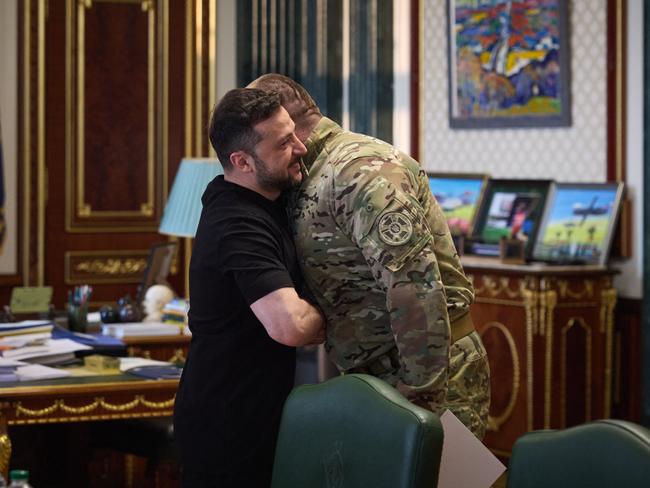 Ukrainian President Volodymyr Zelensky (L) celebrates after the attack with Ukraine’s Security Service Vasyl Malyuk (R) in Kyiv. Picture: Handout / UKRAINIAN PRESIDENTIAL PRESS SERVICE / AFP