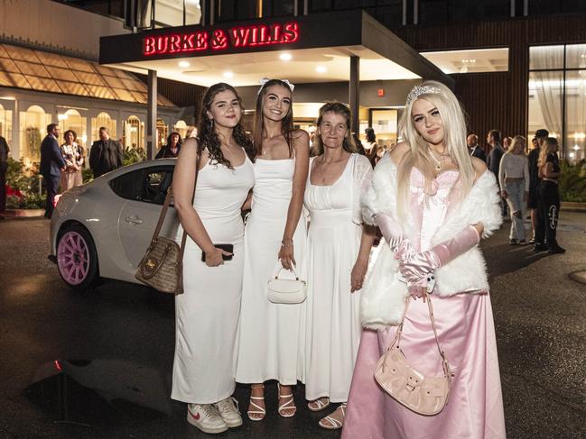 Toowoomba Flexi School graduate Shanyce Paige (front) with (back, from left) Rahni McIntosh, Roxanne Ashley and Annette Keogh at the formal at Burke and Wills Hotel, Thursday, October 10, 2024. Picture: Kevin Farmer