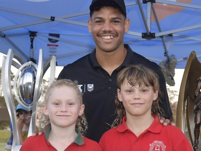 Lismore rugby players Cruz and Max with Gold Coast Titan's Brian Kelly at Oakes Oval for the Telstra Country Footy Tour.