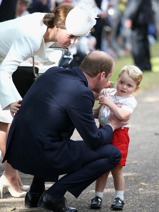 Catherine, Duchess of Cambridge, Prince William, Duke of Cambridge, Princess Charlotte of Cambridge and Prince George of Cambridge leave the Church of St Mary Magdalene on the Sandringham Estate for the Christening of Princess Charlotte of Cambridge on July 5, 2015 in King’s Lynn, England. Picture: Getty
