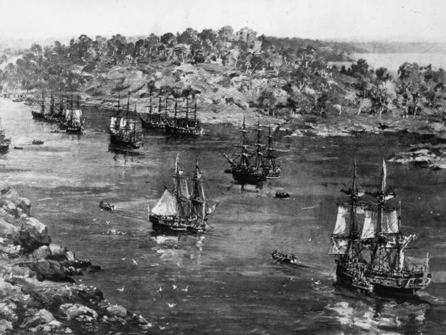 The arrival of the First Fleet in Sydney Cove in January 1788. 