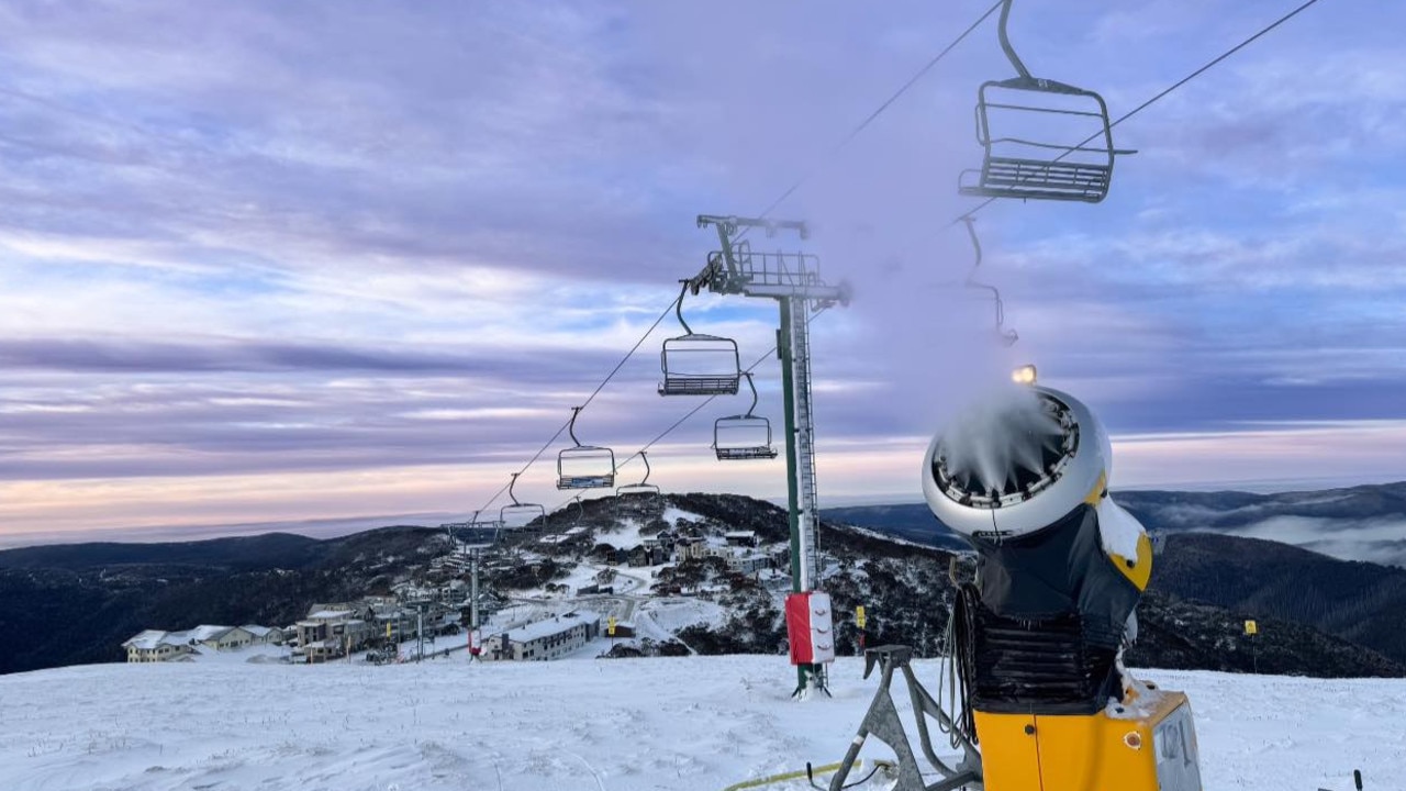 Snow making machines underway at Hotham Alpine Resort. Picture: Hotham Alpine Resort