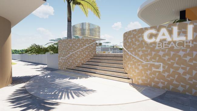 These renders show the new 2000-person capacity, $10m plus Cali Beach Club by Artesian Hospitality. It is under construction on the rooftop of a central Surfers Paradise building and will occupy 5000 square metres.