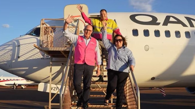Peter Dutton coming off a Qantas flight in a promo video for Hancock Prospecting's national mining day. Picture: YouTube