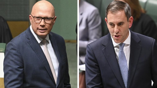 Opposition Leader Peter Dutton and Treasurer Jim Chalmers in federal parliament. Picture : Martin Ollman / Newswire