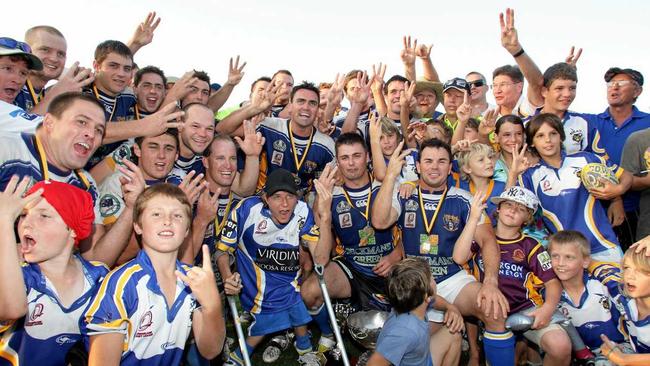 Noel Goldthorpe and the Noosa Pirates celebrate lifting the competition trophy in 2008, after defeating the Caboolture Snakes 16 to 8. Picture: Jason Dougherty