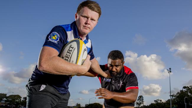 2019 Grand Final rematch between Helensvale and Griffith Uni Colleges. Helensvale captain Scott Stokes and Lesi Tawake from Griffith. Picture: Jerad Williams