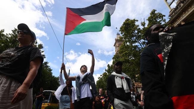 The protesters, who included pro-Palestinian activists, descended on Victoria Square. Picture: NCA NewsWire / Kelly Barnes