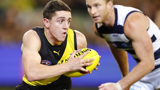 Jason Castagna gets away from Lachie Henderson. Picture: Michael Klein