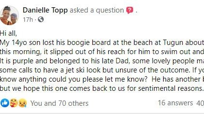 Tugun's Danielle Topp asks the Palm Beach –Currumbin –Elanora Residents/community Group if anyone had seen her son Jack's missing boogie board.