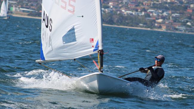 Tom Fader sailing his Sabot, Short King, to victory in the Tasmanian ILCA state championships on the Derwent. Picture Supplied