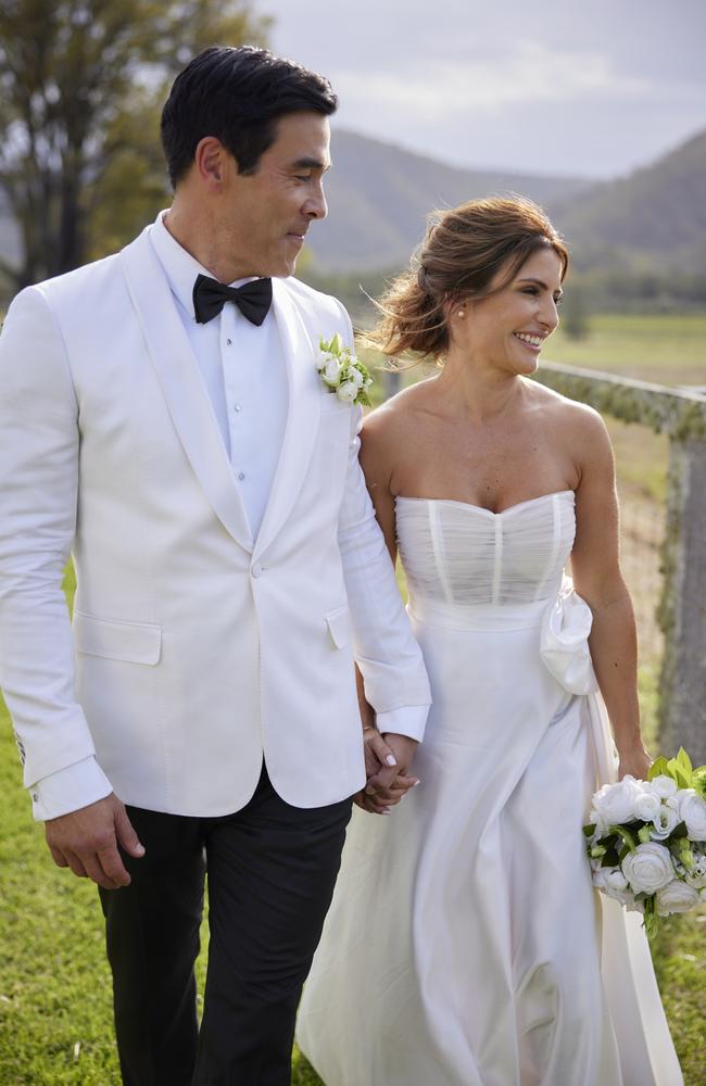 ‘A fairytale’. On set as their Summer Bay characters, James Stewart and Ada Nicodemou tie the knot on Home And Away. Picture: Seven