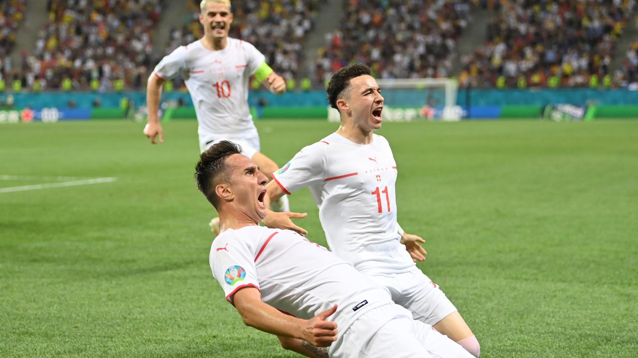 BUCHAREST, ROMANIA - JUNE 28: Mario Gavranovic of Switzerland celebrates after scoring their side's third goal during the UEFA Euro 2020 Championship Round of 16 match between France and Switzerland at National Arena on June 28, 2021 in Bucharest, Romania. (Photo by Justin Setterfield/Getty Images)