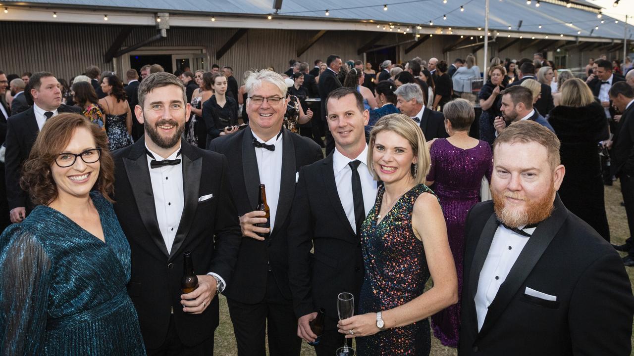 At LifeFlight Toowoomba Gala are (from left) Abby Wainhouse, Steve Wainhouse, Russell Blucher, Matt Warren, Helen Warren and James McKennay at The Goods Shed, Saturday, May 6, 2023. Picture: Kevin Farmer