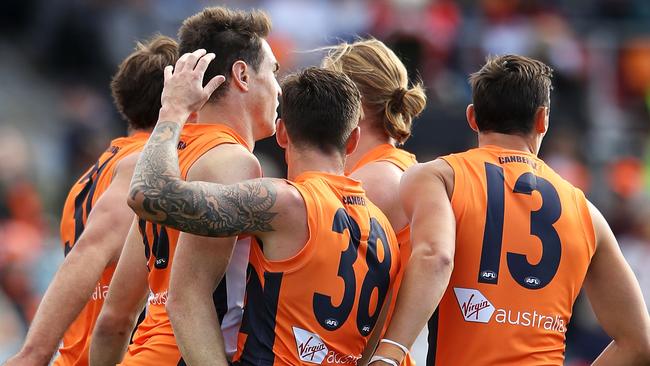 GWS Giants celebrate one of Jeremy Cameron’s six goals against St Kilda. Picture: Mark Kolbe/Getty Images. 