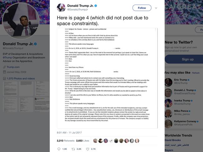 Donald Trump Jr’s tweet revealing the email chain. Picture: Twitter/AP