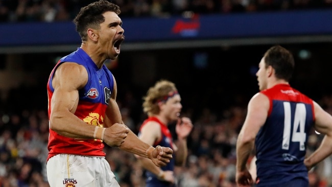 MELBOURNE, AUSTRALIA - SEPTEMBER 09: Charlie Cameron of the Lions celebrates a goal during the 2022 AFL Second Semi Final match between the Melbourne Demons and the Brisbane Lions at the Melbourne Cricket Ground on September 9, 2022 in Melbourne, Australia. (Photo by Dylan Burns/AFL Photos via Getty Images)