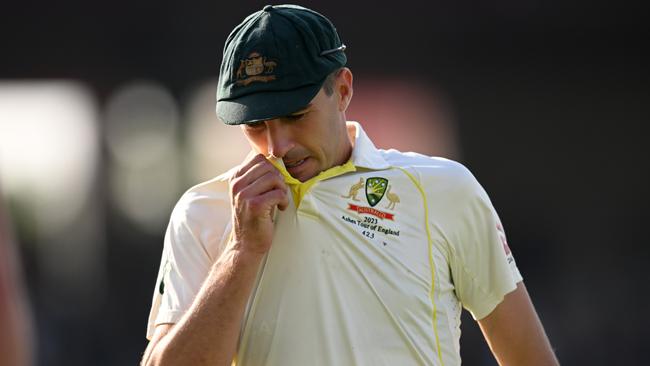 Australia captain Pat Cummins leaves the field at stumps. Picture: Getty Images.