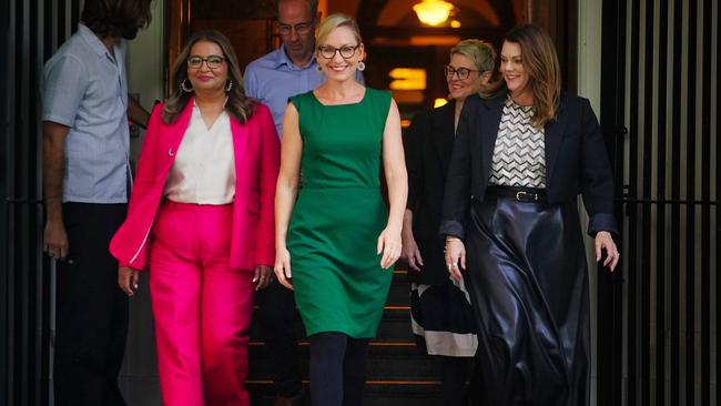 Senator Mehreen Faruqi, Senator Waters and Senator Sarah Hanson-Young. Picture: Luis Enrique Ascui